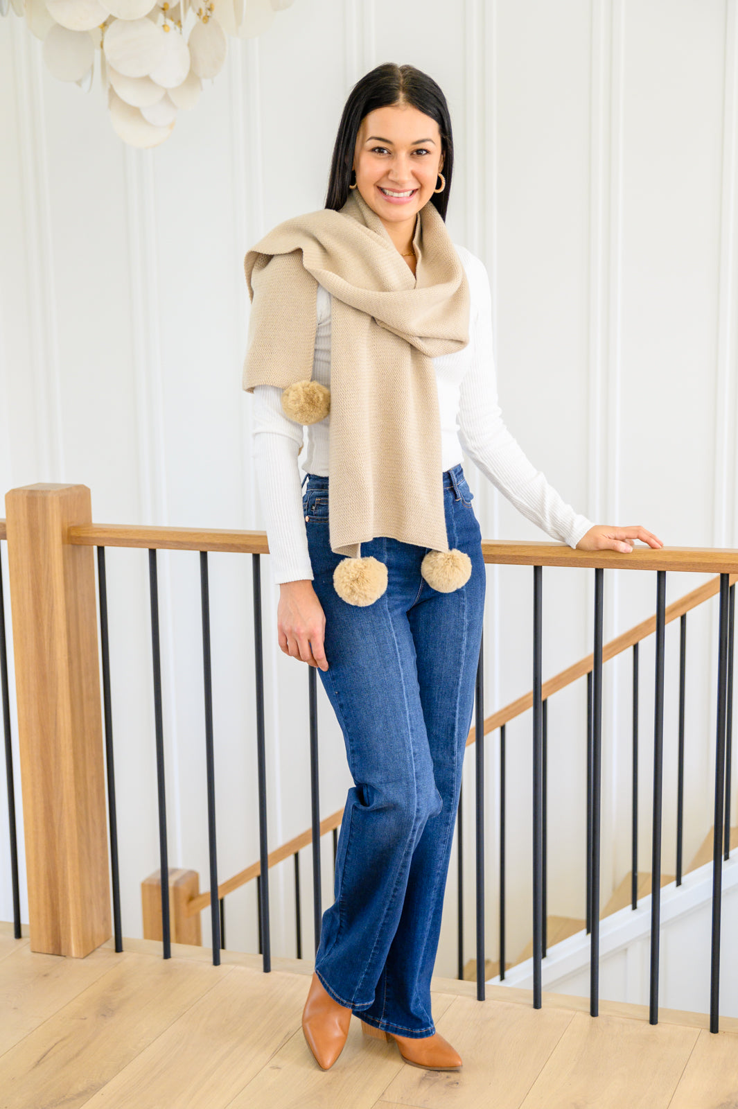 KnittedFuzzyPomPomScarfInBeige1