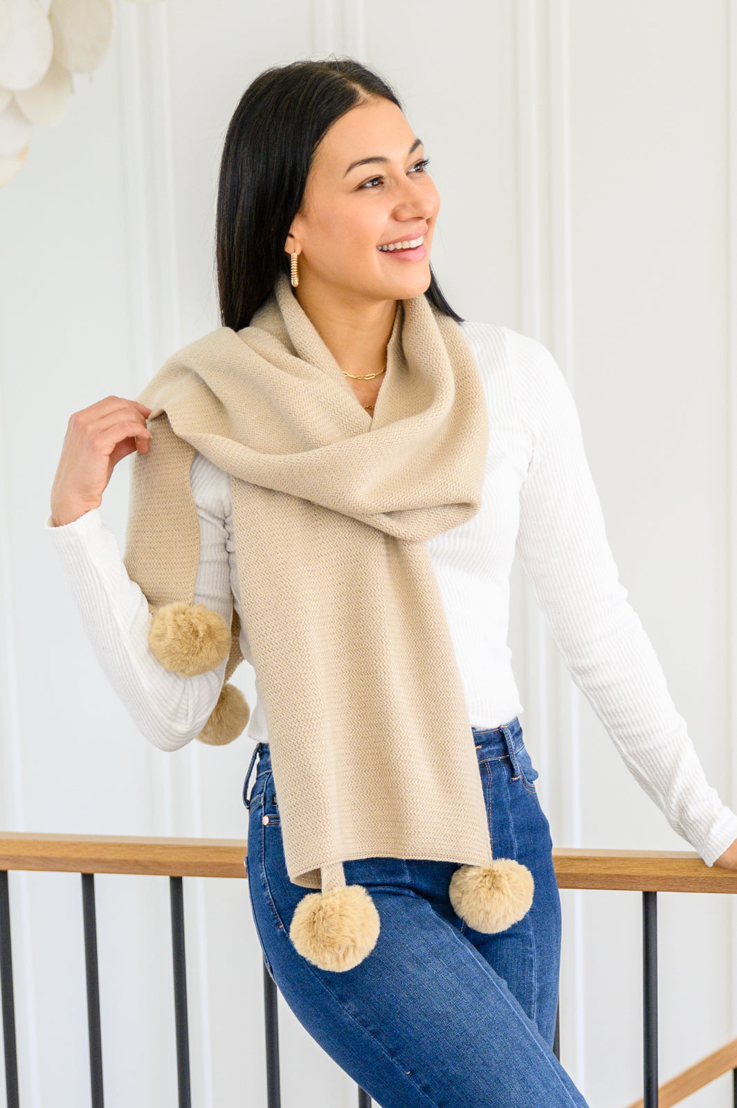 KnittedFuzzyPomPomScarfInBeige2