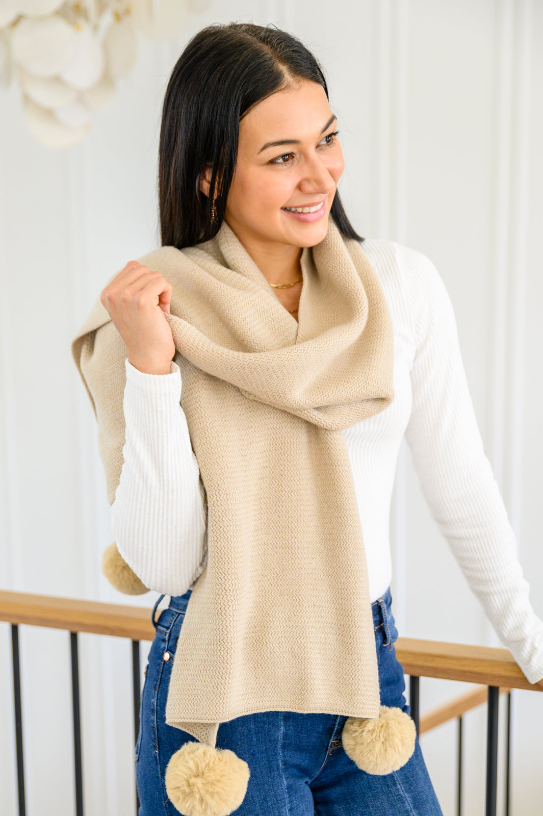 KnittedFuzzyPomPomScarfInBeige3