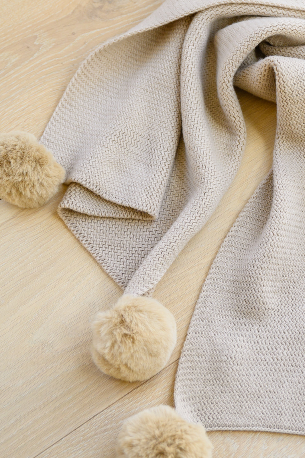 KnittedFuzzyPomPomScarfInBeige5